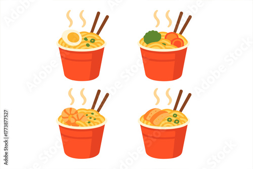 Assortment of steaming instant ramen cups with chopsticks and diverse toppings including egg, shrimp, chicken, and broccoli