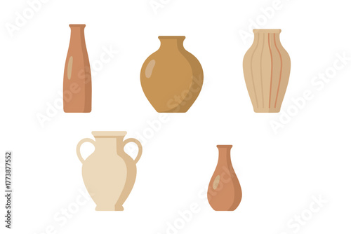 Assortment of rustic clay pottery vessels and decorative ceramic vases in warm earthy tones
