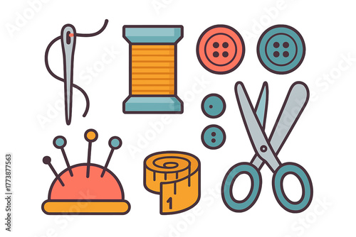 Collection of essential sewing and tailoring supplies including needle, thread, buttons, scissors, and measuring tape
