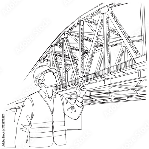 An experienced engineer in safety gear meticulously inspects the intricate steel structure of a massive truss bridge, pointing out details during a routine maintenance check.