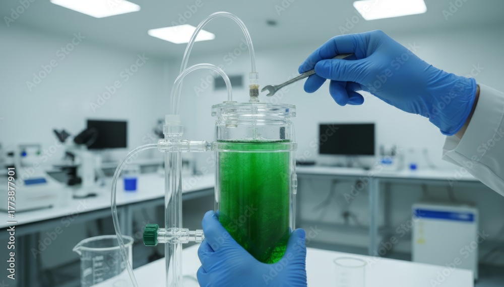 Fototapeta premium Scientist conducting experiment with green liquid in laboratory setting.