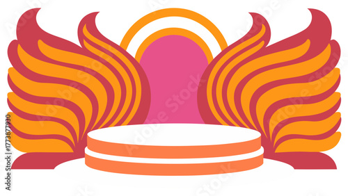 A vibrant amber-toned 3D stage design featuring a presentation podium with artistic wing elements and a glowing backdrop arch