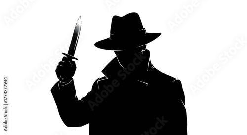 Mysterious silhouette of a man in a fedora holding a sharp knife, evoking suspense, danger, and intrigue for crime novels and thriller book covers