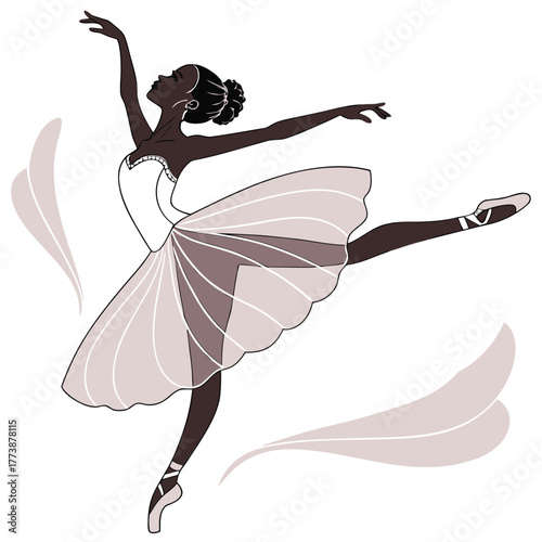 A ballerina in a flowing dress performing a dance move isolated on white background