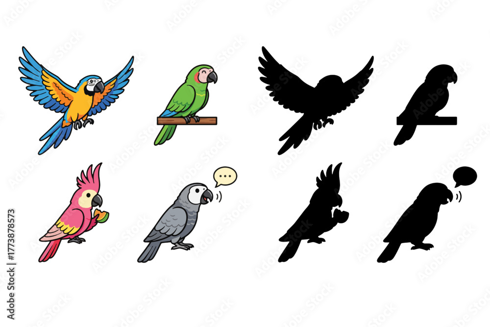Obraz premium Vibrant parrot illustrations collection, perfect for exotic pet designs, educational materials, or tropical theme projects. A scalable vector graphic collection
