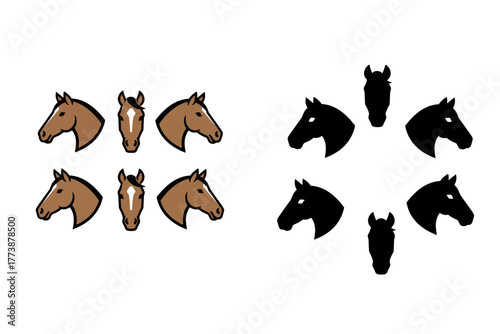 Elegant horse head silhouettes and color illustrations, perfect for equestrian branding, logo design, or modern farm-themed projects with a natural, timeless appeal