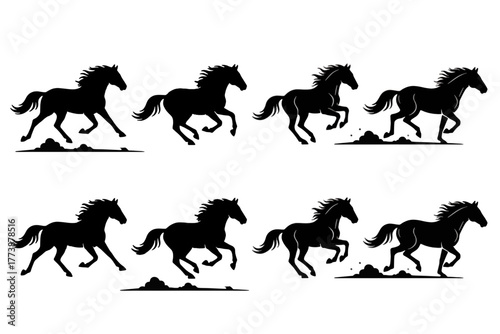 Dynamic herd of horses galloping, powerful silhouettes evoke freedom and strength, perfect for equestrian themes and wild west adventures, originally vector graphics