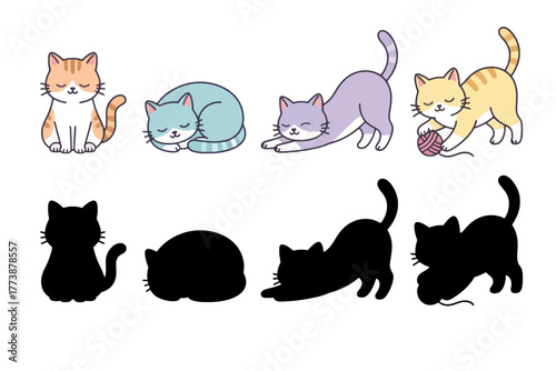 Playful cartoon cats vector illustration with varied poses and silhouettes for kids designs, pet products, cute animal themes, and playful projects