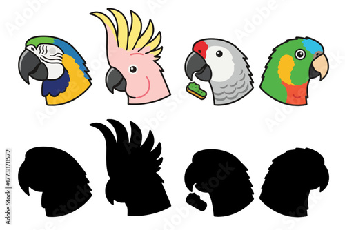 Colorful parrots with vibrant plumage, playful bird portraits showcasing unique avian beauty, perfect for educational resources and exotic animal designs