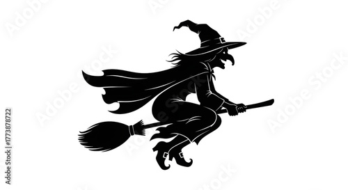 Eerie elegance: Silhouetted witch soaring on broomstick, perfect for Halloween designs, spooky themes, and magical storytelling, a bewitching vector design