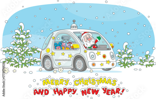 Santa driving his funny electric car full of Christmas gifts, sweets and toys through snowfall on a winter road, vector cartoon illustration on a white background