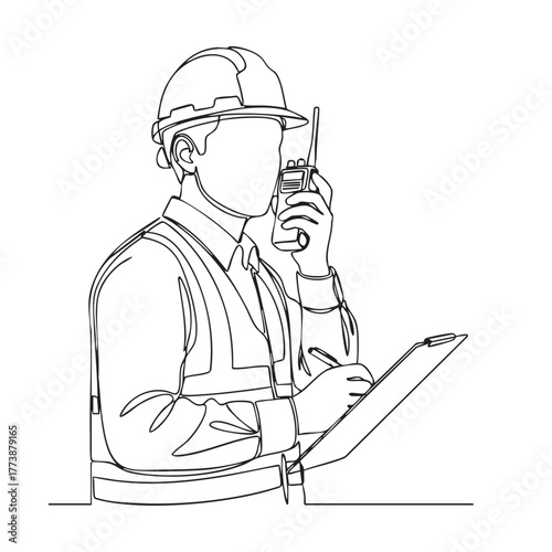 A continuous line art illustration shows a construction worker in a hard hat and safety vest, communicating via walkie-talkie and taking notes.