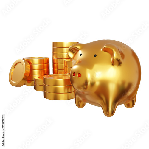 Golden piggy bank with stack of coins.