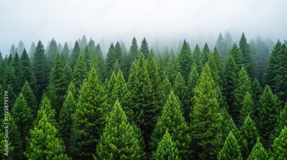 Obraz premium Explore a serene mountainous area where tall evergreen trees emerge from a blanket of mist, creating a mystical atmosphere perfect for contemplation and adventure