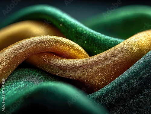 A close-up shot of emerald green silk fabric with flowing wave