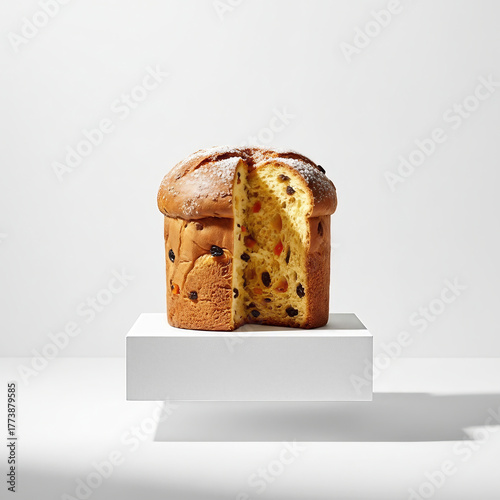Traditional Italian Panettone Christmas bread, dusted with powdered sugar and cut open, revealing sweet candied fruit and raisins, captured in a clean, modern studio still life.