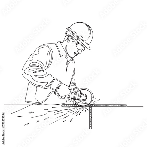 A continuous line art illustration portrays a focused worker in a hard hat expertly using an angle grinder to cut metal, creating a shower of bright sparks.