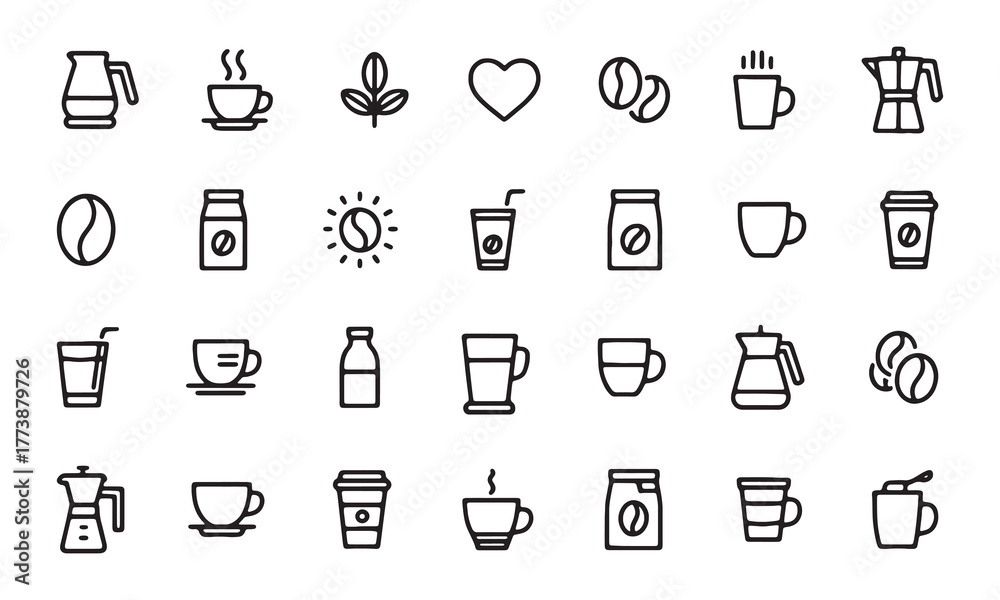 Fototapeta premium Collection of simple black and white line art icons representing various coffee related items and beverages for design