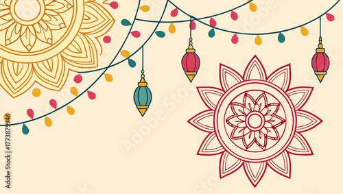 Beautiful Happy Diwali Background — glowing diyas and sparkling golden lights illuminating an elegant mandala pattern on a deep purple background, festive and luxurious design celebrating the Festival