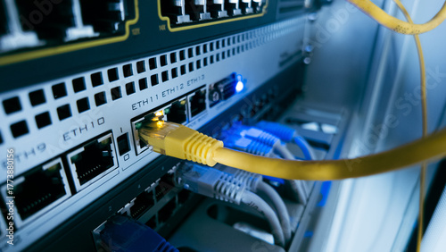 Network switch with yellow ethernet cable connected to port, showing modern data infrastructure, high speed connection, and information technology system