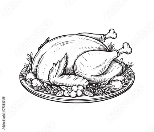 Hand drawn sketch of a whole roasted turkey with herbs and vegetables on a platter for a festive meal