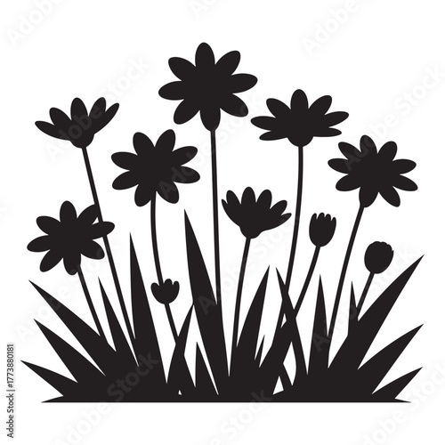 Silhouette of a cluster of daisies and tall grass against a white background representing nature and simplicity