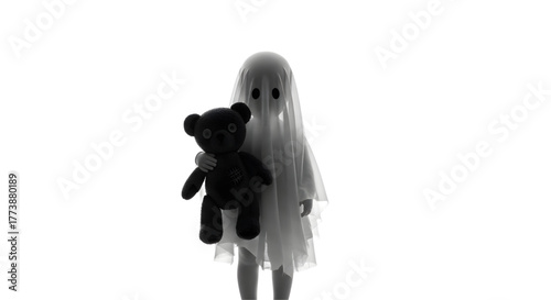 Spooky season sweetness a child dressed as a ghost with teddy bear evokes childhood nostalgia and Halloween charm perfect for seasonal campaigns