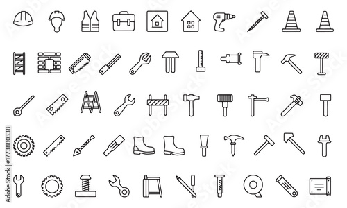 Collection of hand drawn construction and building tools icons representing various trades and professions in a simple outline style