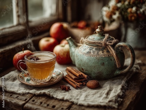 A cozy kitchen still life featuring a vintage teapot cinnamon