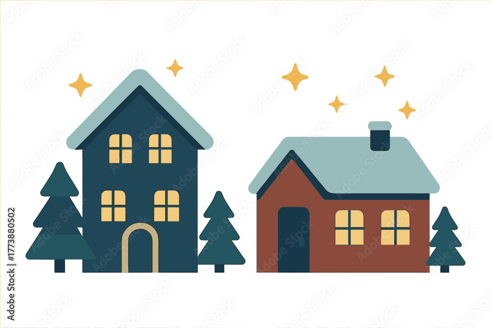 Fototapeta premium Cozy winter village with two snow-covered houses surrounded by evergreen trees