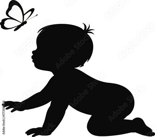 Crawling baby silhouette with butterfly, minimalist black and white illustration, childhood innocence, nursery art, playful kids room decor, vector graphic