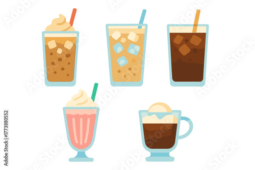 Collection of five different cold coffee, frappe, and sweet dessert drinks served in glasses