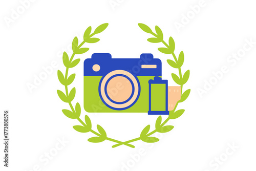 Colorful film camera and film roll surrounded by a green laurel wreath award symbol
