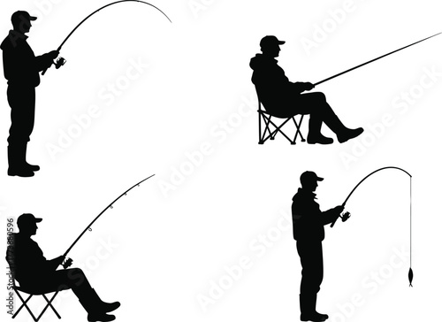 Fisherman silhouette set, standing and sitting, fishing rod in action and with caught fish, minimalist black and white fishing illustration design