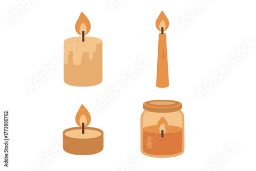 Set of burning candles including pillar, taper, tea light, and jar styles