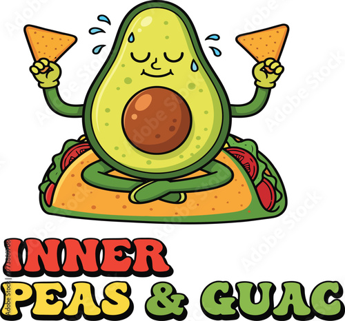 Funny avocado yoga cartoon sitting on taco, inner peace meditation, healthy food vector, snack, fitness humor, cute illustration