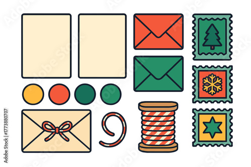Christmas and holiday mailing elements set including envelopes, blank cards, decorative stamps, and twine