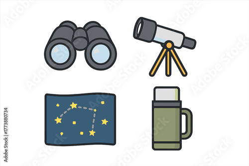 Set of flat icons for stargazing and astronomy equipment: telescope, binoculars, map, and thermos