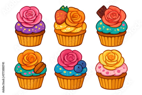 Six colorful gourmet cupcakes decorated with frosting roses and various sweet toppings