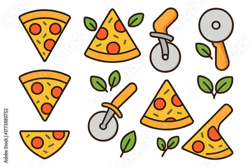 Delicious pepperoni pizza slices, round cutting tools, and fresh green basil leaves