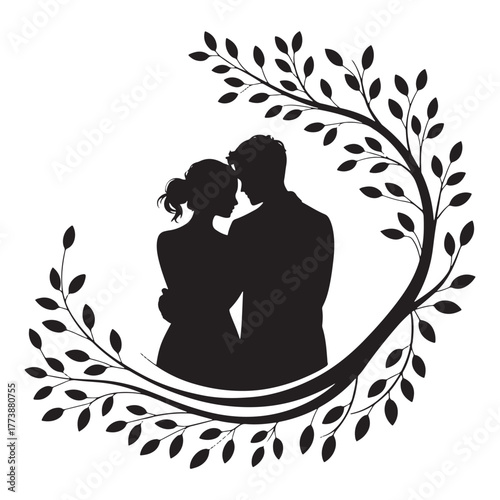 Romantic silhouette of a couple embracing tenderly within a decorative floral branch frame