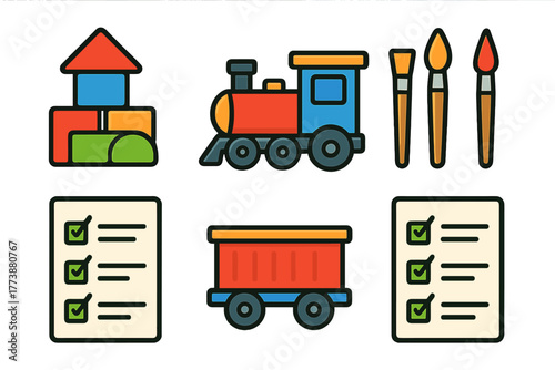 Colorful icons set featuring childhood toys, art supplies, and organizational checklists