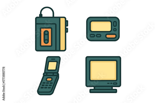 Retro electronic devices including cassette player pager flip phone and CRT monitor