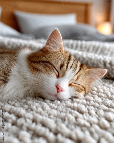 Cozy Domestic Tabby Cat Sleeping Peacefully on a Textured Blanket Indoors Soft Natural Lighting Creating a Serene Atmosphere