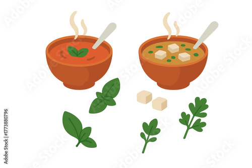 Two steaming bowls of hot soup with fresh herbs and tofu cubes isolated on white background