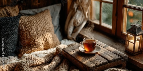 A cozy reading nook beside a large window draped