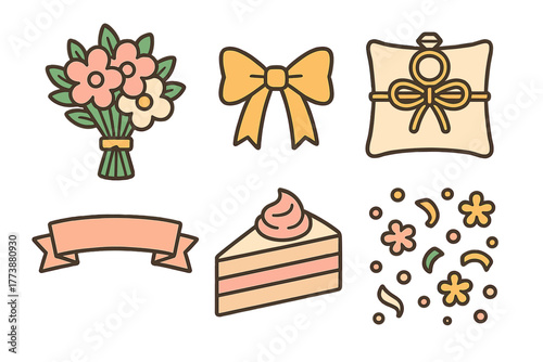 Collection of celebration and gift icons including flowers, cake, bow, and engagement ring