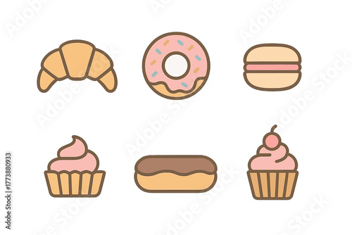 Sweet bakery treats assortment including croissant donut macaron eclair and cupcakes