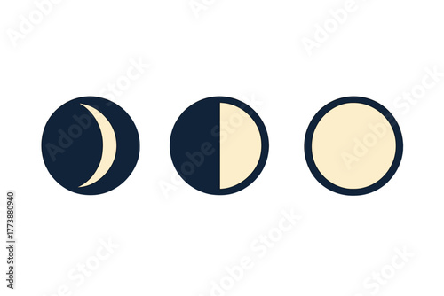 Minimalist representation of three distinct stages of the moon cycle showing crescent, half, and full illumination
