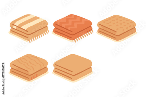 Collection of folded blankets and throws with various patterns in warm colors for home comfort